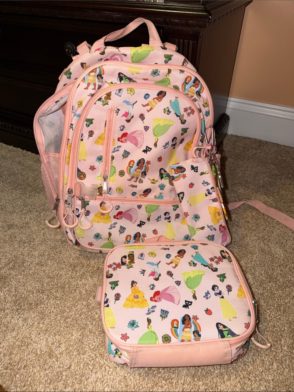 Pink Kids Backpack and Lunch Bag Set - Disney Princess Print